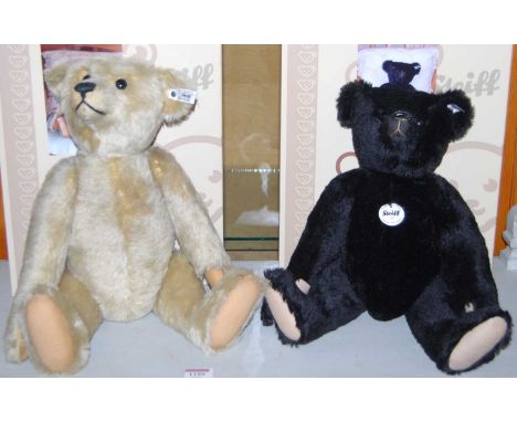 A boxed Steiff 'as-new' mohair teddy-bear, black, 40cm, white tag in ear, serial number 420825; and one other 1907 replica te
