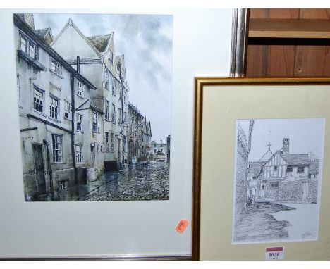 Assorted original artworks, to include John Clibbon - Barn Street in Lavenham ink sketch, Reg Siger - Skinner Street in Bury 