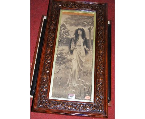 A monochrome Pre-Raphealite print; one other landscape print; and a pair of overpainted portrait photographs (4)