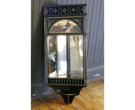 A Victorian Aesthetic Movement Ebonised and Gilt Wall Corner Shelf with hand painted scene of a harpist playing to a lord and