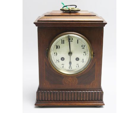 A mahogany brass bracket clock, of rectangular outline, with 11cm Arabic dial, the circular movement with outside count wheel