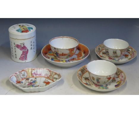 A group of Chinese export porcelain wares, includes ttera bowls, saucers, jar and cover and oval dish.