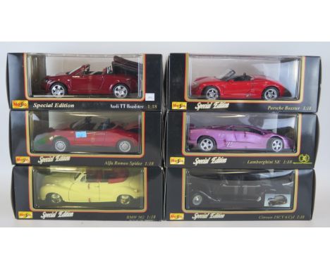 Maisto Special Edition 1/18th scale diecasts includes Citroen 15cv Cyl, Lamborghini SE, Porsche Boxster, BMW 502, Alfa Romeo 
