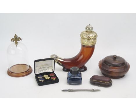 Assorted collectables including Avon after shave in Viking horn glass bottle, small glass dome and stand, treen box and cover
