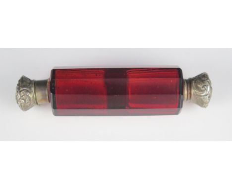 A late Victorian ruby glass double-ended scent bottle, 10.5cm long.