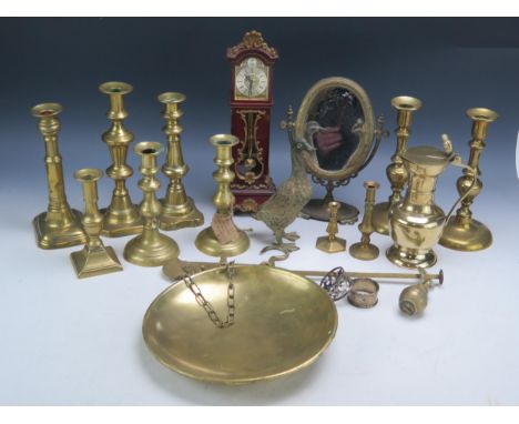 A selection of brass candlestick, balance scale, toilet mirror, metal goose etc.