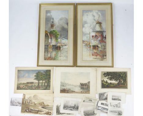 Louis van Staaten (Dutch 1836-1909), A Pair of Dutch canal scenes, watercolours, signed, 65 x 29cm, a selection of engravings