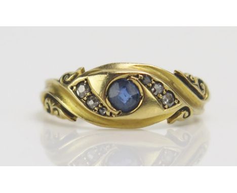 A Victorian 18ct Gold, Sapphire and Old Cut Diamond Ring, c. 3.5mm principal stone, size M, Birmingham 1897, 3.56g