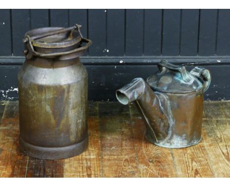 A small metal churn and cover, of traditional design, together with a copper watering can with maker's plaque (2)