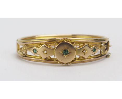 An Antique 9ct Gold, Rose Cut Diamond and Green Gem or Paste Set Hinged Bangle, c. 16.5cm, stamped 9CT, maker/sponsor M&amp;C