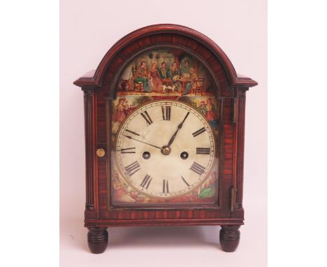 A 19th century mahogany and inlaid bracket clock, of arched outline, with 17cm painted 'Cottars Saturday Night' to the arch a