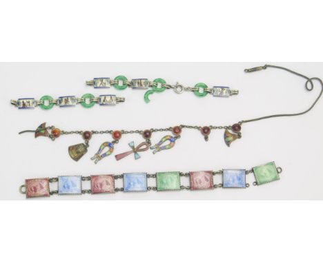 A Selection of c. 1920's Egyptian Revival Jewellery including a .800 silver and enamel 'stamp' bracelet (c. 17.5cm), another 