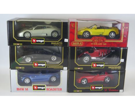 Burago 1/18th scale diecasts includes BMW M Roadster, Lamborghini Countach, Bugatti EB 110, Dodge Viper RT/10, Mercedes Benz 