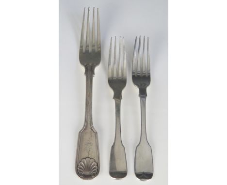 A Victorian provincial silver Fiddle and thread pattern table fork, maker Josiah Williams &amp; Co, Exeter, 1801, together wi