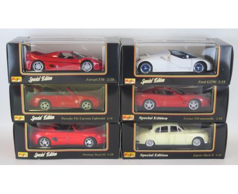 Maisto Special Edition 1/18th scale diecasts includes Jaguar Mark II, Ferrari 550 Maranello, Ford GT 90, Mustang Mach II, Por