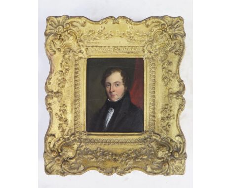 Portrait believed to be of Robert Burns, oil on board, 12 x 9cm, 19th century gilt gesso frame