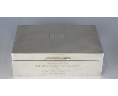 A George VI silver cigarette case, maker D Bros, Birmingham, 1951, inscribed and initialled, with engine turned decoration, 1
