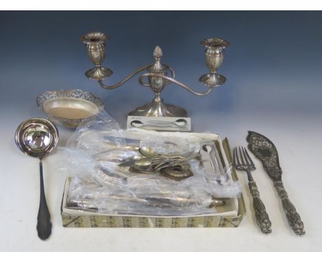 A collection of WMF plated flatwares, a plated twin branch candelabra, sweetmeat dish etc.