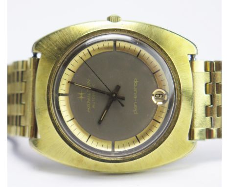 An HAMILTON Automatic Pan-Europ Gold Plated Wristwatch, c. 34.8mm case, back engraved 64058_4, inner case back 1701440, calib