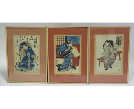 After Hokuei, a woodblock print of the actor Utaemon IV  as a samurai warrior, 37 x 23cm, together with two other woodblock p