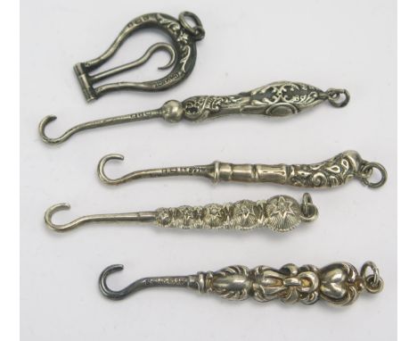 Five Silver Miniature Button Hooks 