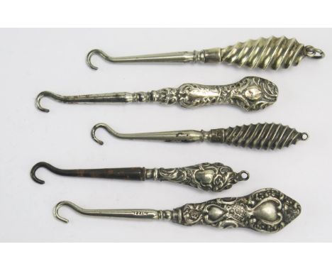 Five Silver and White Metal Handles Miniature Button Hooks 