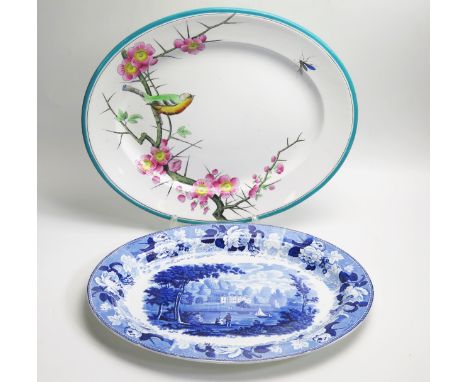 A large Wedgwood blue and white transfer print meat dish, with country house vista, 48cm wide together with an Aesthetic peri