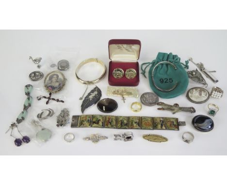 A Selection of Silver and other Jewellery including a marcasite floral spray brooch, silver gilt hinged bangle, coins, etc.