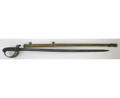 A 19th century officers sword with 82cm floral etched and fullered blade, with pierced knuckle guard, with fishskin and wire 