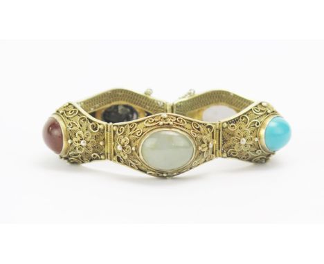 A Chinese Silver Gilt Filigree Bracelet set with agate and turquoise specimens, 21mm wide panels, stamped SILVER GUR, 47.66g