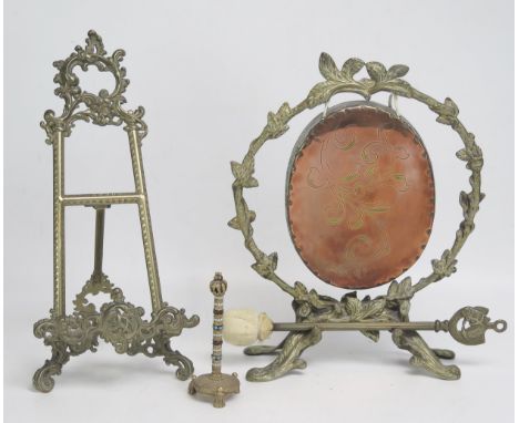 A Brass and Copper Gong, brass easel and a Florenze decorative pen with stand