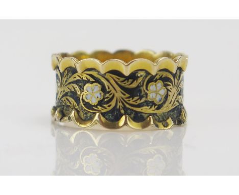 A William IV 18ct Gold and Enamel Memorial Ring decorated with forget-me-nots, size M, London 1834, WE, 2.42g. Fault to the e