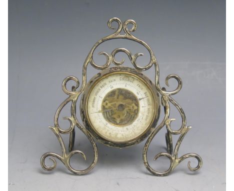 A George V silver wire framed desk barometer, maker Horton &amp; Allday, Birmingham, 1933, 11cm wide, 11cm high,