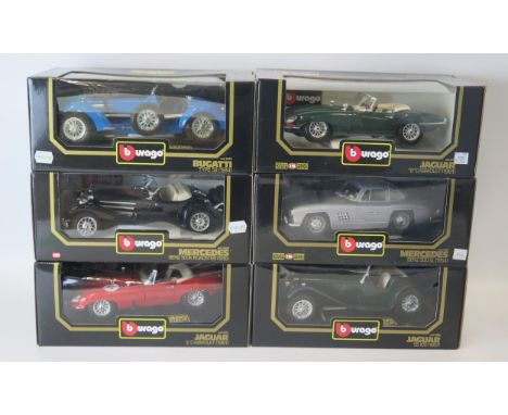 Burago 1/18th scale diecasts includes; Jaguar 'E' Cabriolet, Bugatti Type 59, Jaguar 'E'  Cabriolet, Mercedes 500K Roadster, 