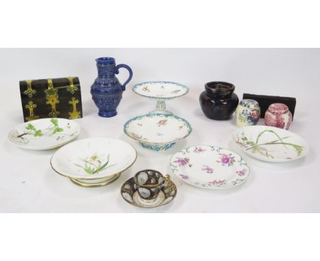 A coromandel and brass bound casket, 22cm long, a Rhine ware jug, and other assorted ceramics.