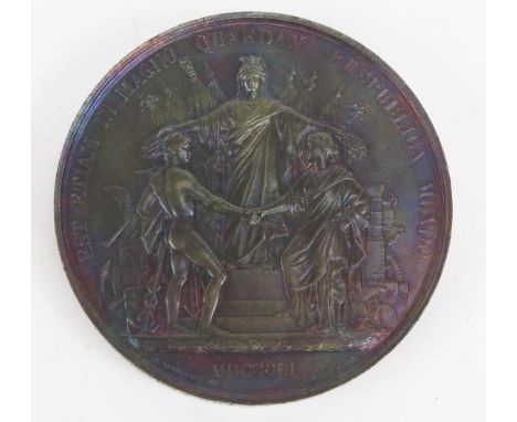 Great Exhibition Council bronze medal, 1851, by W. Wyon and J.F. Domard. Obv: Conjoined busts of Queen Victoria and Prince Al
