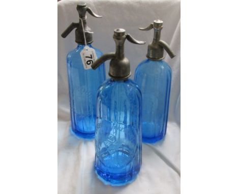 3 vintage blue glass soda syphons