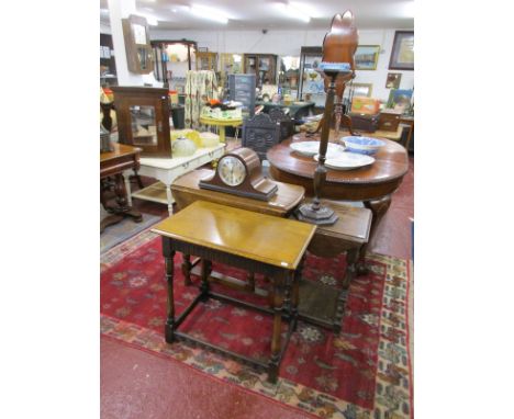 3 oak tables, mantle clock & oak ashtray