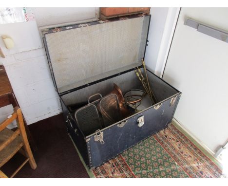 Large traveling trunk and contents to include brass and copper