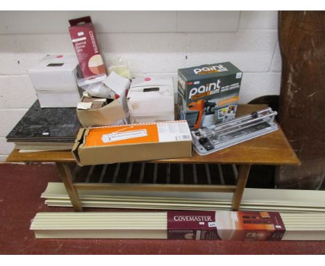 Large collection of coving, tile cutter, tiles etc