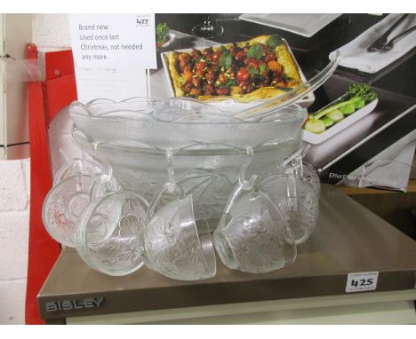 2 glass punch bowls, cups & ladle