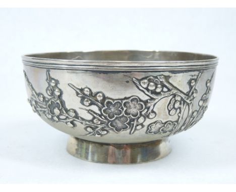 LUEN WO SHANGHAI CHINESE EXPORT SILVER BOWL CIRCA 1900 applied with Prunus Blossom beneath a banded rim on a short pedestal b