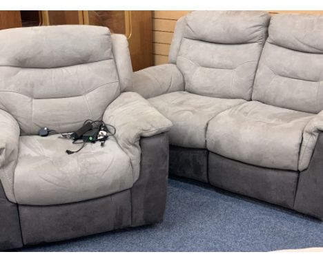 TWO TONE SUEDE SOFA WITH MATCHING CHAIR, BOTH ELECTRIC RECLINER - 100cms H, 165cms W, 102cms D the sofa and 100cms H, 103cms 