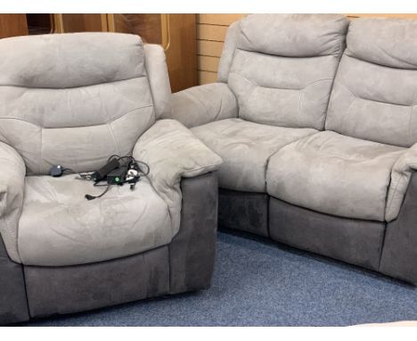 TWO TONE SUEDE SOFA WITH MATCHING CHAIR, BOTH ELECTRIC RECLINER - 100cms H, 165cms W, 102cms D the sofa and 100cms H, 103cms 