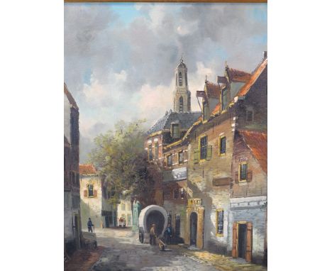 20TH CENTURY DUTCH SCHOOL oil on canvas by Hten Hoeven - vintage street scene, in a modern gilt frame, signed lower left, 50 
