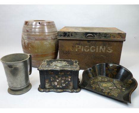 MIXED COLLECTABLES GROUP - a mother of pearl inlaid papier mache tea caddy and a crumb tray, tin trunk 40cms W marked 'Piggin