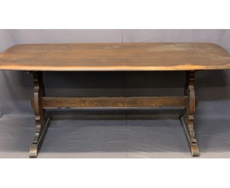 ERCOL OAK REFECTORY STYLE DINING TABLE - on pegged supports, 72cms H, 180cms L, 79.5cms W