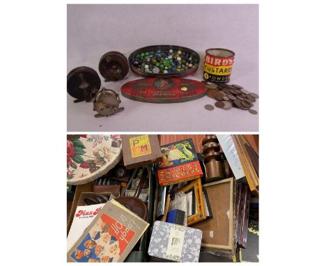MARBLES - a good assortment including a vintage biscuit tin.  Old coinage and a vintage custard tin.  Also, old fishing reels