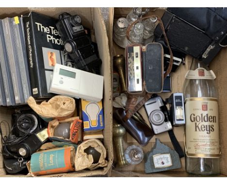 VINTAGE &amp; LATER CAMERAS &amp; EQUIPMENT, associated books, EPNS and brassware, ETC (2 boxes)