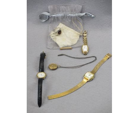 15CT GOLD TIE CLIP, 2grms, three modern lady's wrist watches, ETC, including a gilt oval locket on chain and a white metal ri